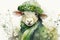 Happy St. Patrick\'s Day Sheep with Green Scarf, Hat, and Flowers in Watercolors