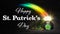 Happy St Patrick`s Day text next to a pot of sparkling gold and green coins at the end of a vibrant rainbow