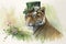 Happy St. Patrick\\\'s Day Tiger with Lucky Clover Hat and Flowers Watercolor Art. Perfect for Greeting Cards and Invitations.