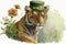 Happy St. Patrick\\\'s Day Tiger with Lucky Clover Hat and Flowers Watercolor. Perfect for Greeting Cards and Invitations.