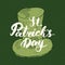 Happy St Patrick`s Day Vintage greeting card Hand lettering on leprechaun hat silhouette, Irish holiday grunge textured retro