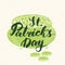 Happy St Patrick`s Day Vintage greeting card Hand lettering on leprechaun pot of gold coins silhouette, Irish holiday grunge textu