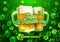 Happy St Patricks Day Card with Beer Lucky Clover Ornament and Calligraphy Font Type. Traditional St. Patric Day Card for Pub Bar