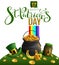 Happy St. Patricks day greeting card. Text and holiday accessories cauldron with gold, rainbow, leprechaun, golden horseshoe,