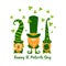 Happy St Patricks Day greeting card with three cute greeb gnomes or leprechauns and shamrocks,