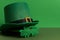 Happy St Patricks Day. Lepricon hat with glasses in the shape of a three leaf clover on a green background.