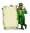 Happy St Patricks Day poster. Leprechaun character holding traditional cold green beer mug and old paper scroll with