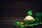 Happy St. Patricks Day Still Life with a Cupcake, Shamrocks, Hat, and Gold Coins for Good Luck and Celebration.  It`s a horizonta