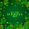 Happy St Patricks Day text, balloons, shamrock clover leaves on dark green background. Vector illustration