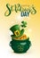 Happy St. Patricks day text greeting card. Green hat, full pot gold coin and luck leaf clover