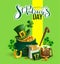 Happy St. Patricks Day text greeting card. Patrick`s accessories festive composition. Pot of gold, green hat, clover leaf, horses