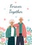 Happy St Valentine Day Celebration.14th February postcard with cute senior couple, flowers and hearts. Elderly man and