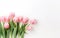 Happy start of spring. Beautiful photorealistic light pink tulips bouquet isolated, white background. Garden flowers. Copy space