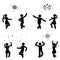 Happy stick figure man and woman dancing at night club, watching fireworks vector icon set. Stickman enjoying, jumping, fun, party