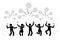 Happy stick figure man woman jumping, drinking champagne, celebrating New Year, dancing hands up, night party, watching fireworks