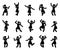 Happy stick figure woman dancing hands up different poses vector icon set. Stickman girl enjoying, jumping, having fun, party