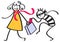 Happy stick figure woman with shopping bag, pickpocket sneaking up on and stealing from her