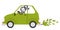 Happy stick figure woman smiling and driving small green eco friendly car with green leaves instead of exhaust fumes