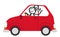 Happy stick figure woman smiling and driving small red car