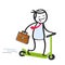 Happy stick man riding electric scooter, businessman holding briefcase standing on green kick scooter on his way to work