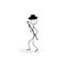 a happy stick man wearing a hat and carrying a cane walks