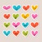 Happy sticker hearts. Cute cartoon characters. Bright set of heart icons. Creative hand drawn characters with different emotions