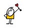 Happy stickman holds a key in shape of heart as a romantic gift.
