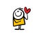 Happy stickman in love holding big red heart in rising hand and pointing with finger.