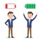 Happy strong caucasian Businessman with green full battery and sad powerless businessman with red low battery