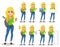Happy student with backpack. Beautiful female cartoon character, set of nine poses.