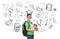 Happy student boy with school bag and books