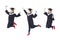 Happy student in graduate robe jumping against white back