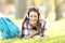 Happy student listening audio lessons on line