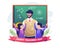 Happy students congratulate their teacher on teacher`s day. vector illustration