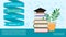 Happy Students Day vector banner. Stack of books and a potted plant and square academic cap. Academic and school knowledge symbols