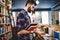 Happy successful hipster guy picking literature and making research in bookstore