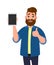 Happy and successful man showing tablet computer and thumbs up or like sign. Human emotion and body language concept illustration.