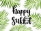 Happy Sukkot hand drawn lettering text with frame of green palm leaves on white background. Jewish traditional holiday. Template f