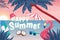 Happy summer background in flat cartoon design. Vector illustration