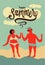 Happy summer. Calligraphic retro poster with cartoon couple. Vector illustration.
