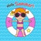 Happy summer card. Little girl sunbathing