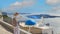 Happy summer holiday with young man in hat with freedom lifestyle in Aegean sea mediterranean at Santorini,greece