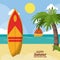 Happy summer holidays poster. beach surfboard ship sun sea