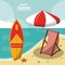 Happy summer holidays poster. beach travel chair umbrella surfboard starfish