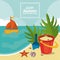 Happy summer holidays poster. sand bucket starfish shovel ship palm beach