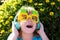 Happy summer mood. Kid listening music. Child in crazy sunglasses. Happy boy in party glasses.