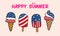 Happy Summer, Patriotic Ice cream and popsicle set with stripe and stars, cartoon doodle vector illustration