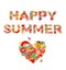 Happy summer. Print with flowers, fruits and heart shape