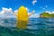 Happy surfer girl sit on yellow surfboard in ocean