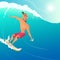 Happy Surfer ride on Blue Ocean Wave. Character cartoon design.